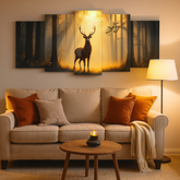 5-Piece Wooden Wall Frame – Deer in Forest Sunset Design