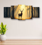 5-Piece Wooden Wall Frame – Deer in Forest Sunset Design