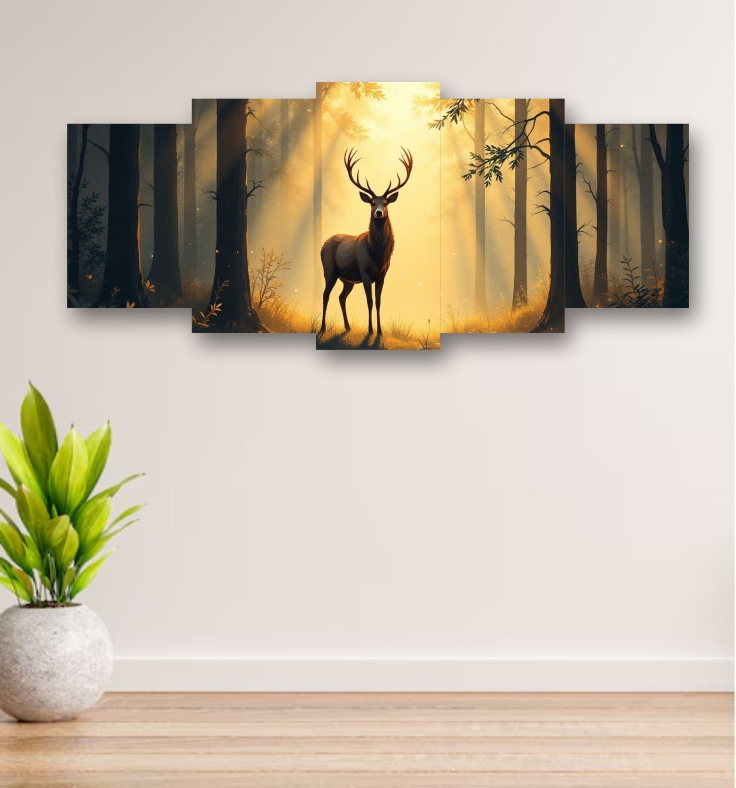 5-Piece Wooden Wall Frame – Deer in Forest Sunset Design
